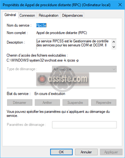 Exemple de propriétés du Service Windows « RpcSs » (« Appel de procédure distante (RPC) »)