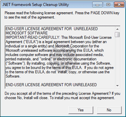 Accepter les clauses du contrat de licence entre Microsoft (NET Framework Cleanup Tool) et vous-même.