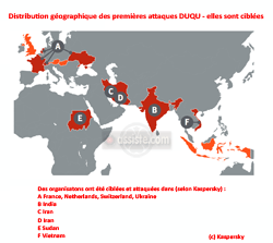 DUQU - Malware - Distribution géographique des premières attaques de DUQU