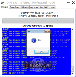 DWS (Destroy Windows Spying) permet de bloquer divers espionnages identifiés de Windows 7, 8.1 et 10 (dont la télémétrie) et de désinstaller des mise à jour scélérates.