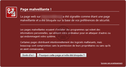 Alerte : La page demandée embarque une attaque (un programme malveillant ou une exploitation d'une faille de sécurité.  (Filtre anti-phishing, Filtre anti-malwares, Filtre anti sites d'attaque, Filtre anti sites contrefaits)