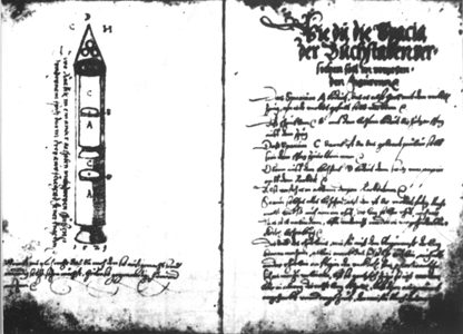 Histoire des fusées - Conrad Haas - deux pages de son manuscrit - fusée à deux étages
