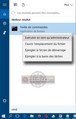 Demande d'ouverture d'une « Invite de commande » avec élévation de privilèges sous Windows 10