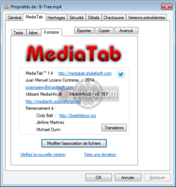 MediaTab : les informations de MediaTab en onglet additionnel MediaInfo dans les propriétés d'un fichier dans l'environnement Microsoft Windows