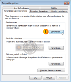 Mémoire virtuelle (PageFile) de Windows : Clic sur le bouton "Paramètres" dans Performances