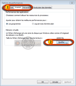 Mémoire virtuelle (PageFile) de Windows : Onglet "Avancé" > Clic sur le bouton "Modifier" dans Mémoire virtuelle