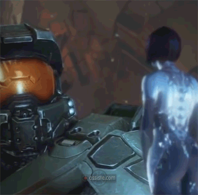 Spartan 117 et l'hologramme d'IA (Intelligence Artificielle) Cortana, du jeu vidéo Halo, dont Microsoft possède les droits