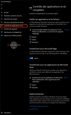 Windows 10 - Sécurité Windows - Contrôle des applications et du navigateur