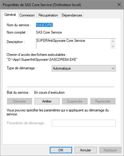 Exemple de propriétés du Service Windows « !SASCORE » (« SAS Core Service »)