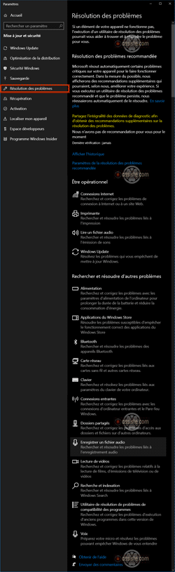 Windows 10 - Résolution des problèmes - Liste des solveurs de problèmes