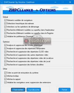 ZHPCleaner (version 4 - 2022) - Sélection des options