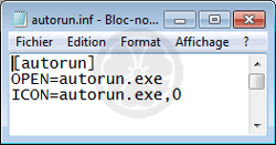Comment activer / désactiver le démarrage automatique : Fichier autorun.inf : ici, il contient l'ordre d'exécution automatique d'un programme nommé autorun.exe